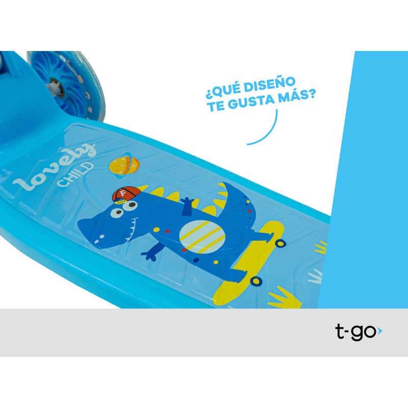 Monopatín Infantil T-Go Dino T-Rex con Luces LED y Altura Regulable