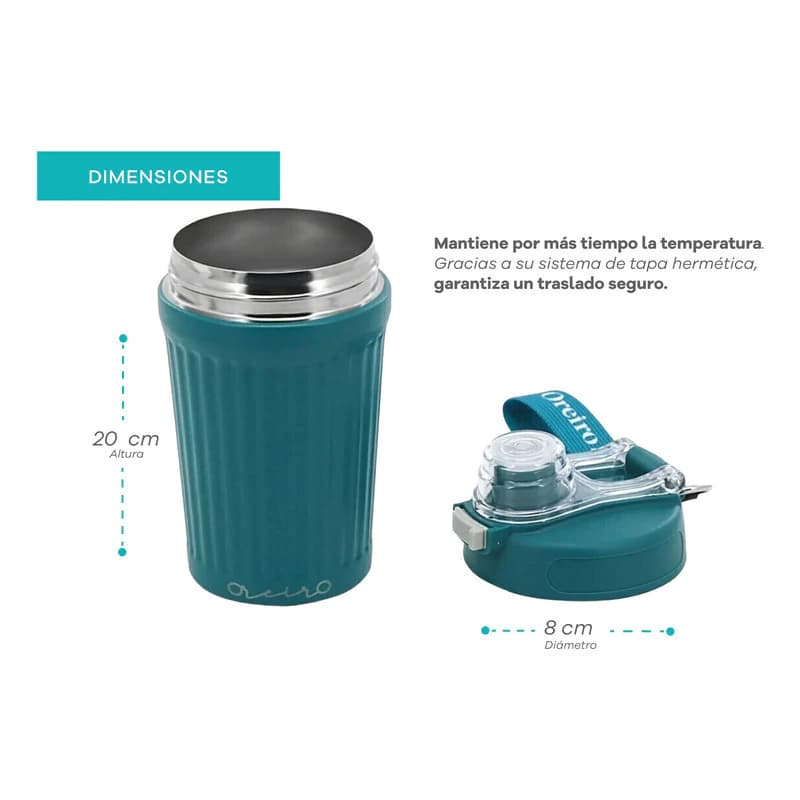 Vaso Térmico Oreiro Love 600 ml Acero Inoxidable con Correa y Pulsador — Azul petróleo / Liso