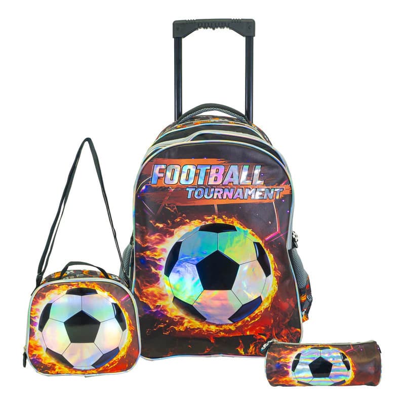 Set Mochila Carrito + Lunchera + Cartuchera Escolar — Naranja y Gris / Fútbol