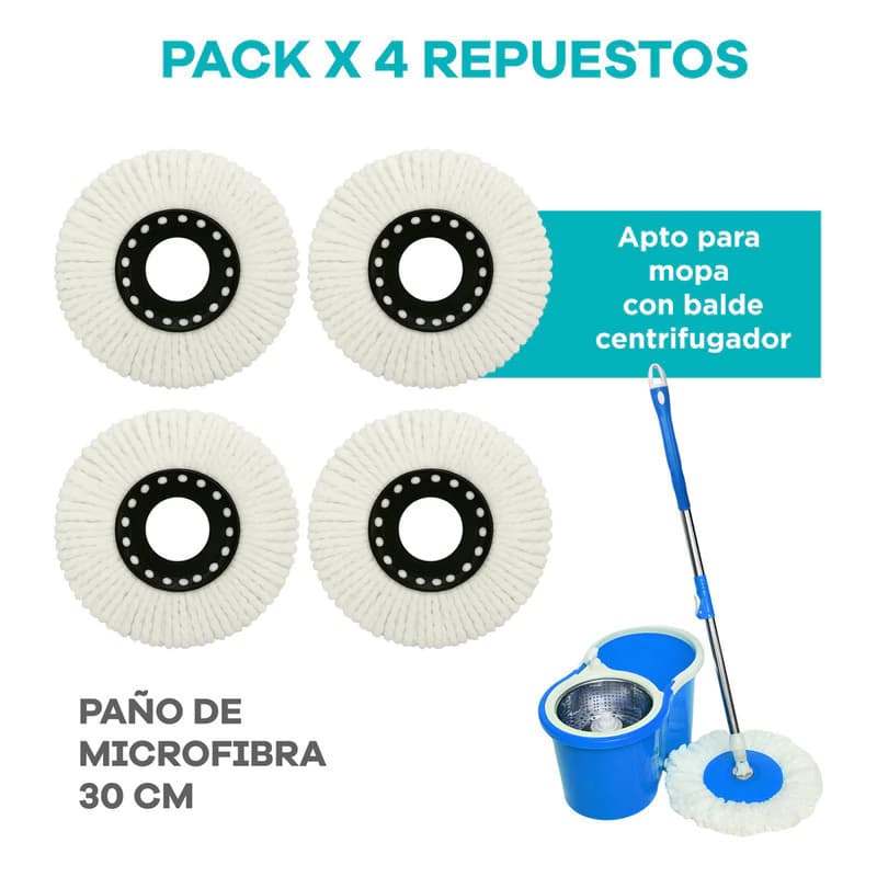 Repuesto Mopa Microfibra x4 para Balde Giratorio Centrifugador — Siempre listo