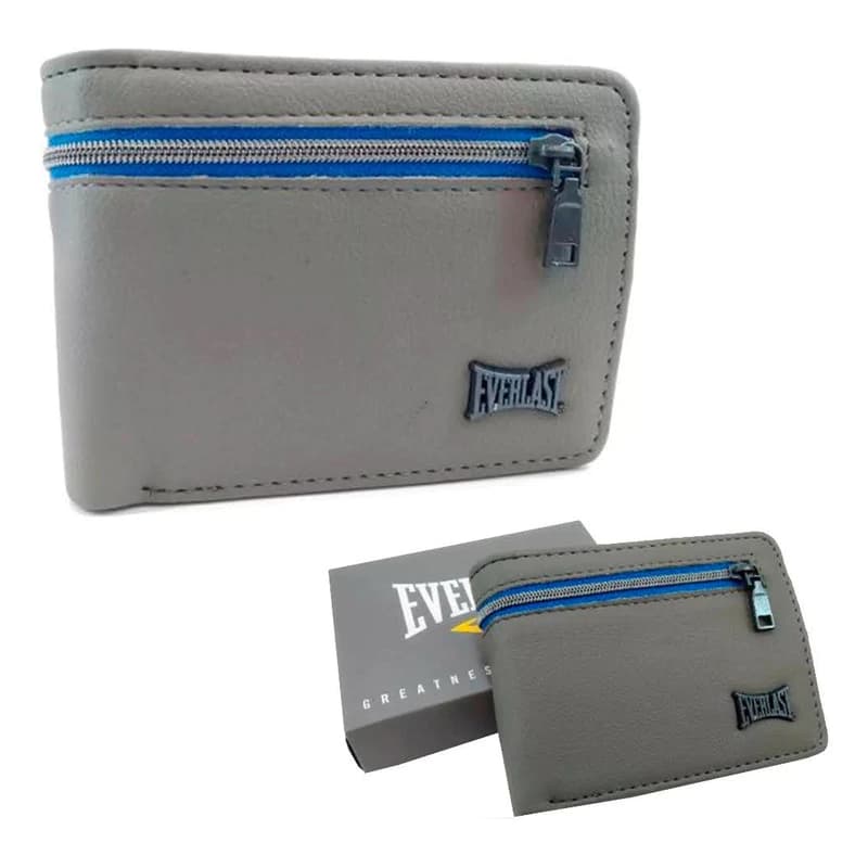 Billetera Everlast Hombre Cuero PU 12 Tarjetas con Packaging para Regalo — Gris / Liso