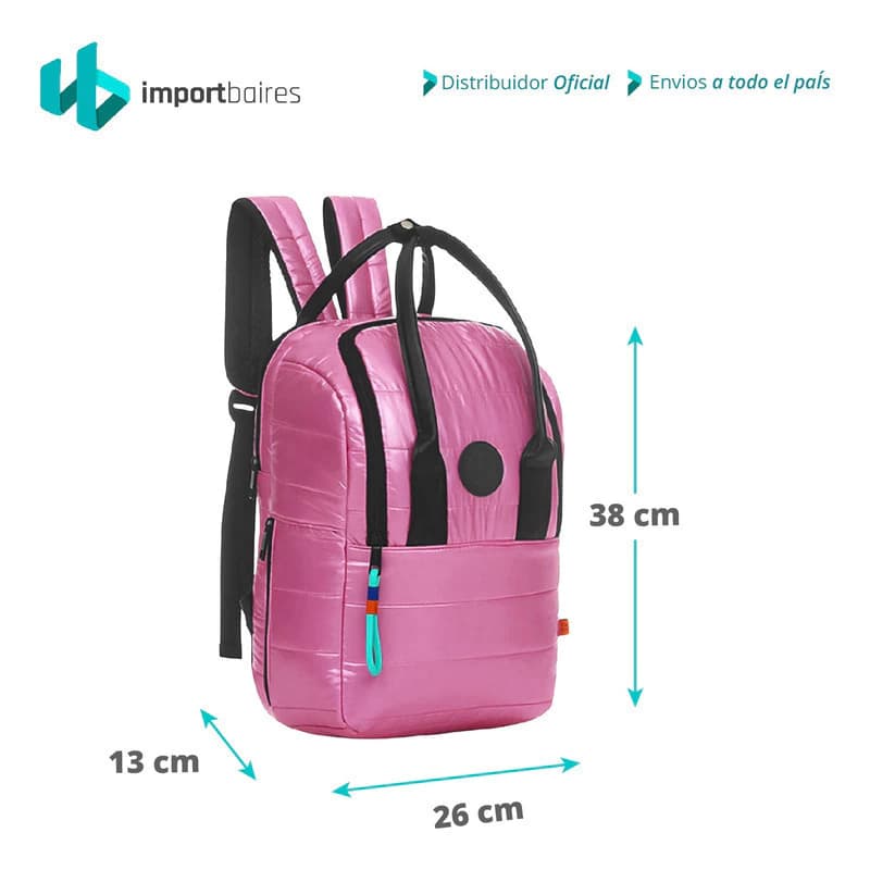 Mochila Urbana Trendy Símil Puffer 13L con Bolsillo para Termo y Notebook — Rosa chicle / Liso