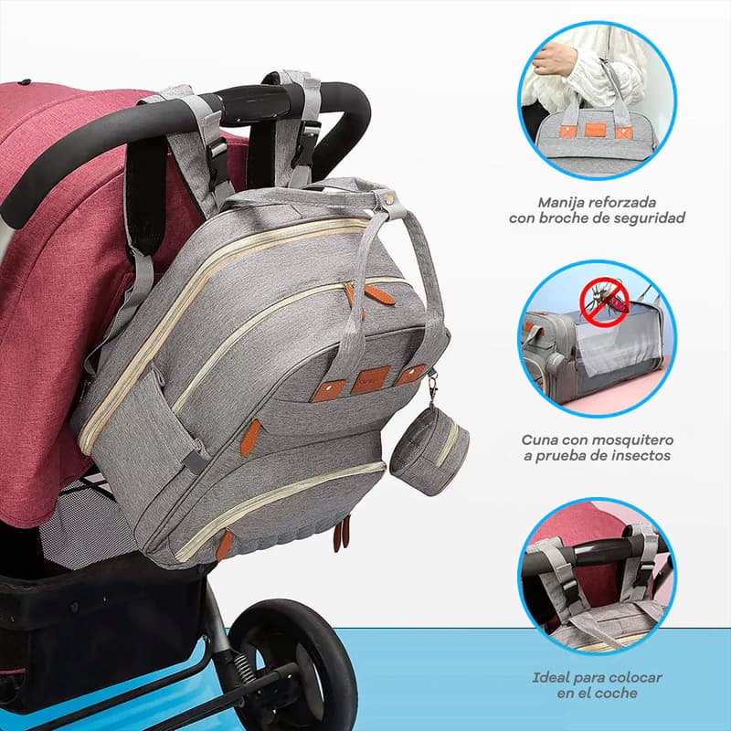 Mochila Maternal T-GO 3 en 1 con Cuna, Cambiador y Mosquitero — Gris / Liso jaspeado