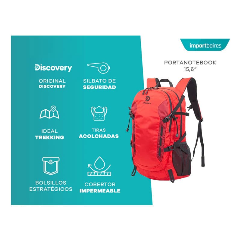 Mochila de trekking Discovery 40L impermeable con funda lluvia y portanotebook — Azul / Liso