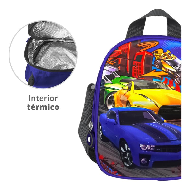 Kit Escolar Lunchera Térmica + Cartuchera 3D Trendy | Diseño rígido en relieve — Azul 14969 14975 / Autos