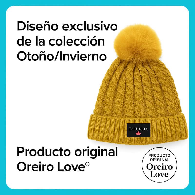 Gorro Trenzado con Pompón Las Oreiro Invierno 2025 - Abrigado y Estiloso — Mostaza / M