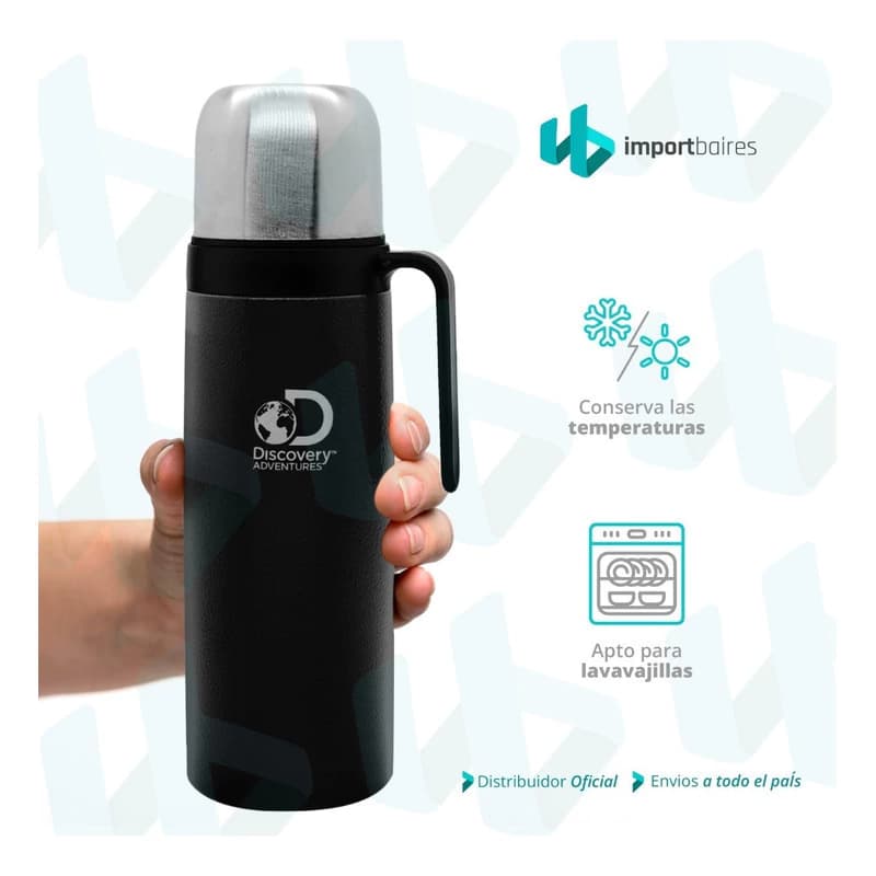 Termo Bala Mate 1 Litro con Manija Discovery Adventure - Acero Inox, Boca Ancha — Negro
