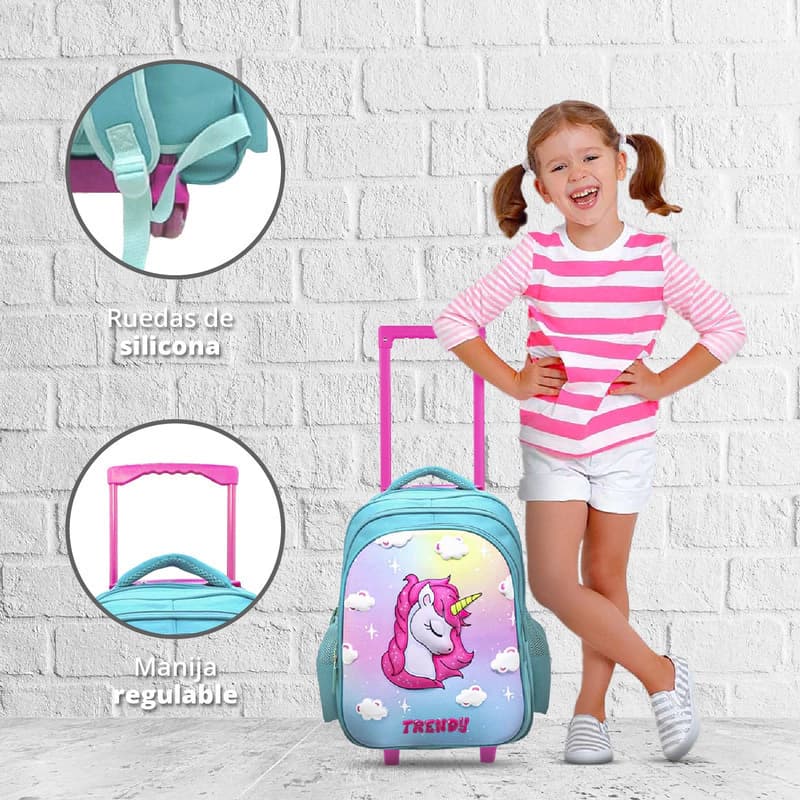 Mochila Escolar con Carrito 3D 15" Trendy | Ruedas Silicona Jardín y Primaria — Rosa / Lentejuelas