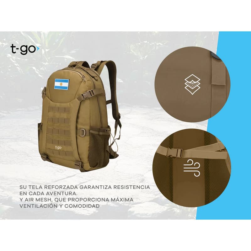 Mochila Táctica Urbana 40 L con Porta Notebook T-GO EM161 — Camel / Liso