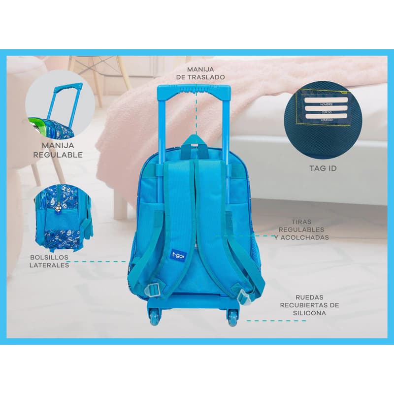 Mochila Carrito Escolar con Cartuchera T-Go diseño 3D niños 24L — Azul araña / Liso