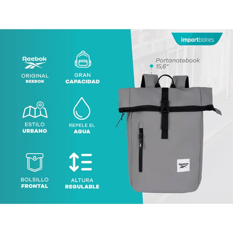 Mochila Reebok Roll Top Portanotebook 16L - Urbana Repelente al Agua