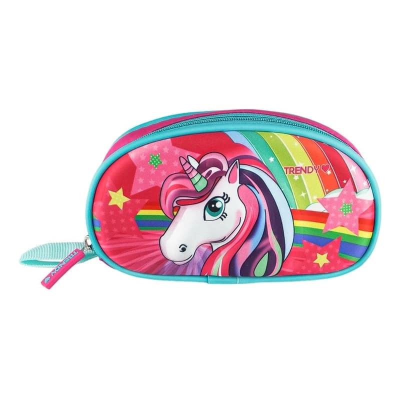 Cartuchera Escolar 3D Trendy T-Rex y Unicornio | Frente Rígido y Cierre Reforzado — 14965 Fucsia
