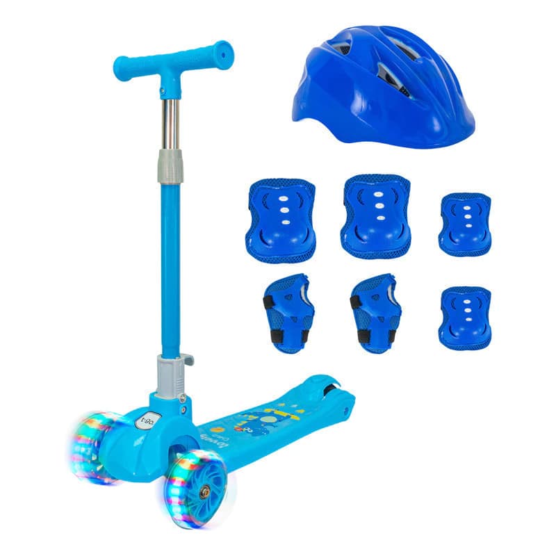 Monopatín 3 Ruedas T-Go SCO018 + Casco y Protecciones Niños — Plegable con Luces LED — Celeste