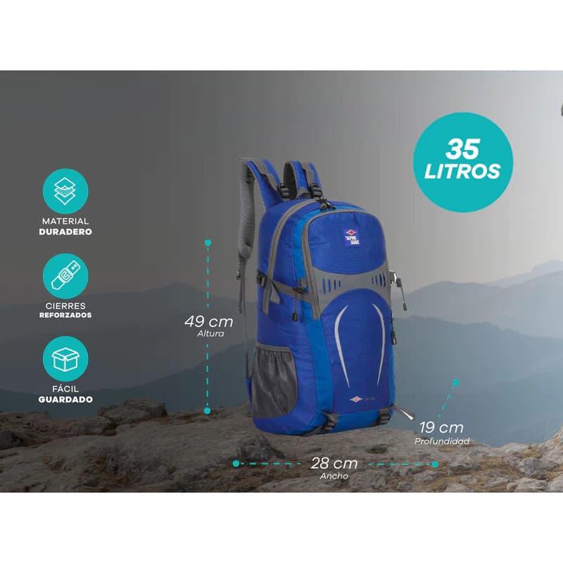 Mochila Trekking 35L Alpine Skate con Ajuste Pectoral y Abdominal — Azul 16802 / Liso