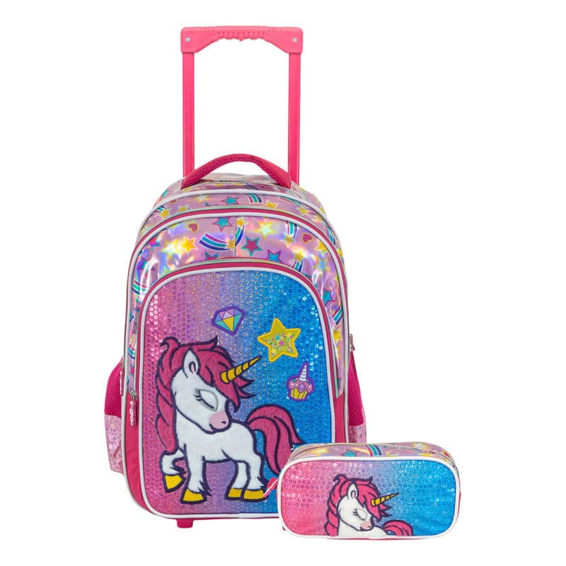 Kit Escolar | Mochila Carro + Cartuchera + Funda — Rosa Diamante / Liso