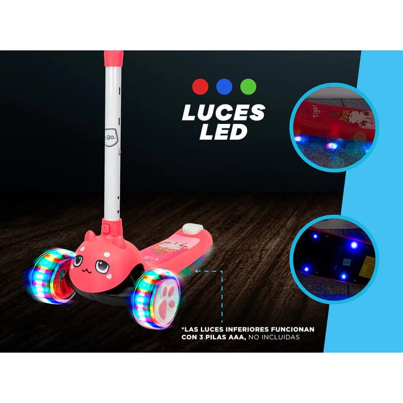 Monopatín Infantil Con Luces Led Altura Regulable Diseño Animalitos T-go Tigre Rosa
