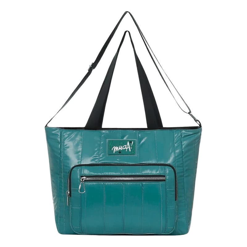 Bolso Cartera Muaa Símil Puffer Grande con Bolsillos — Estilo Urbano — Brillante / Azul petróleo 16383 / Negro