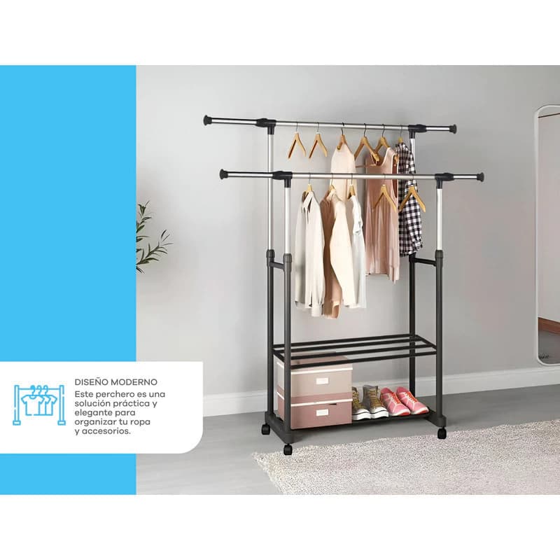 Perchero Móvil Doble Barral Extensible | Altura Regulable | Linea Simple Home