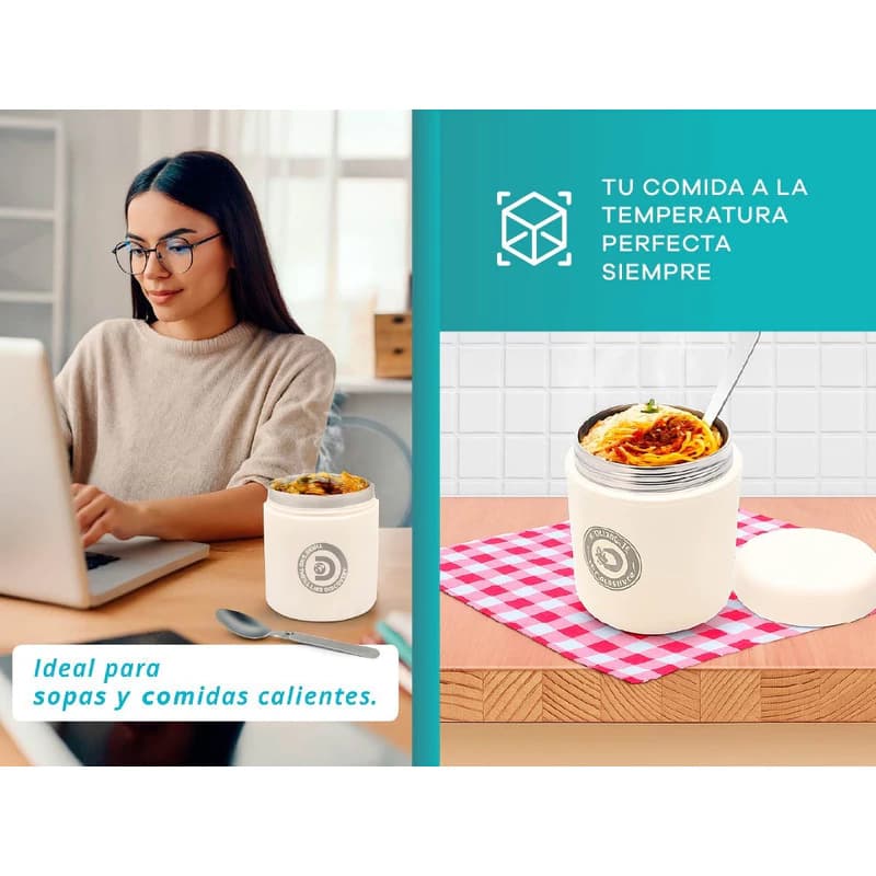 Termo Porta Comidas 850ml Acero Doble Capa + Cuchara — Blanco