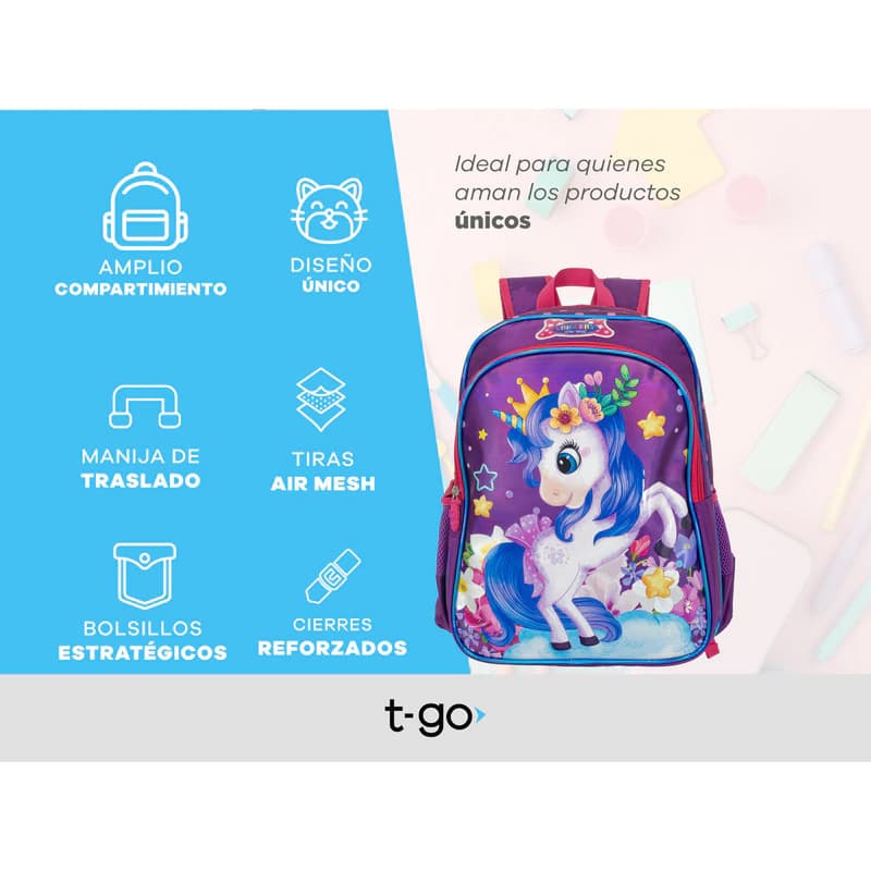 Mochila Escolar T-Go Unicornios diseños divertidos, 16 L, tiras Air Mesh — Rosa