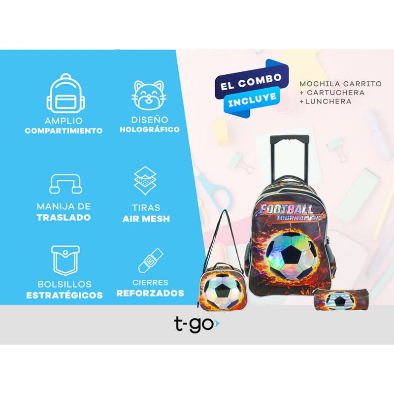 Set Mochila Carrito + Lunchera + Cartuchera Escolar — Azul Autos / Liso