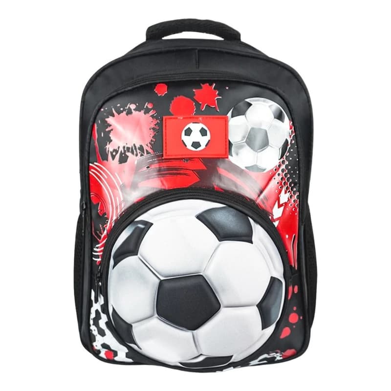 Mochila Escolar Infantil 3D Fútbol | Preescolar y Nivel Inicial — Negro con Rojo