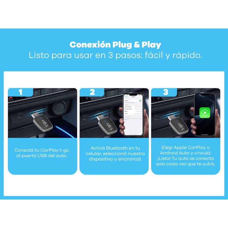 Adaptador Inalámbrico CarPlay y Android Auto T-Go USB-A/USB-C Plug & Play