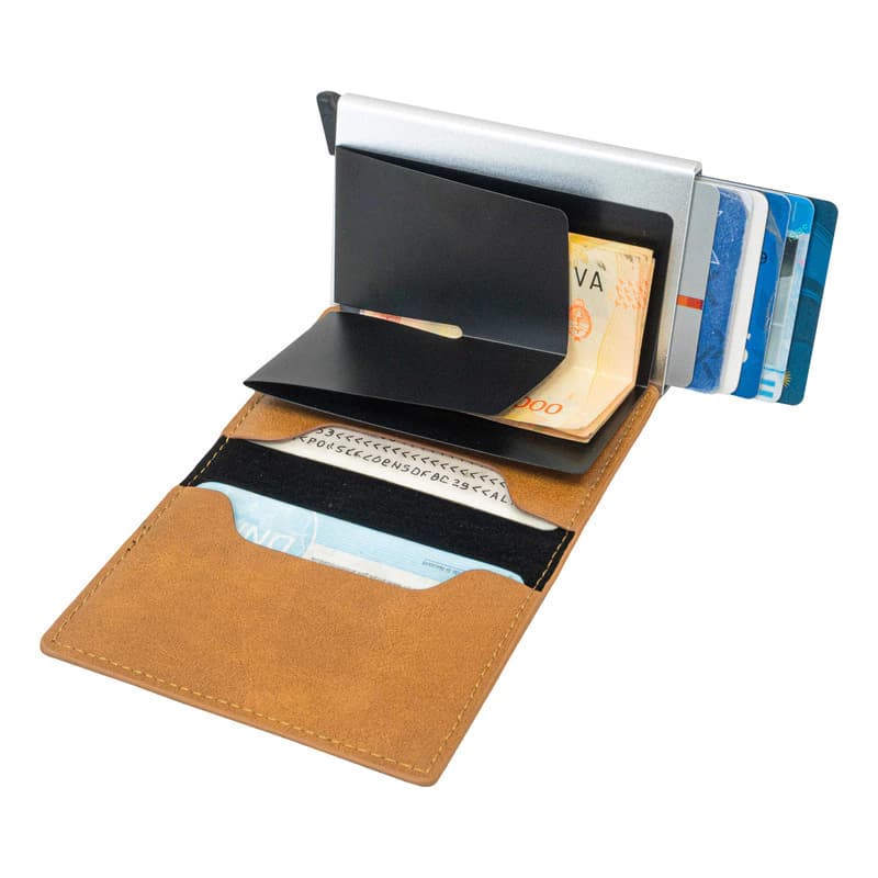Tarjetero Automático Pop Up Ecocuero RFID | Porta Tarjetas| T-go — Marrón claro / Liso