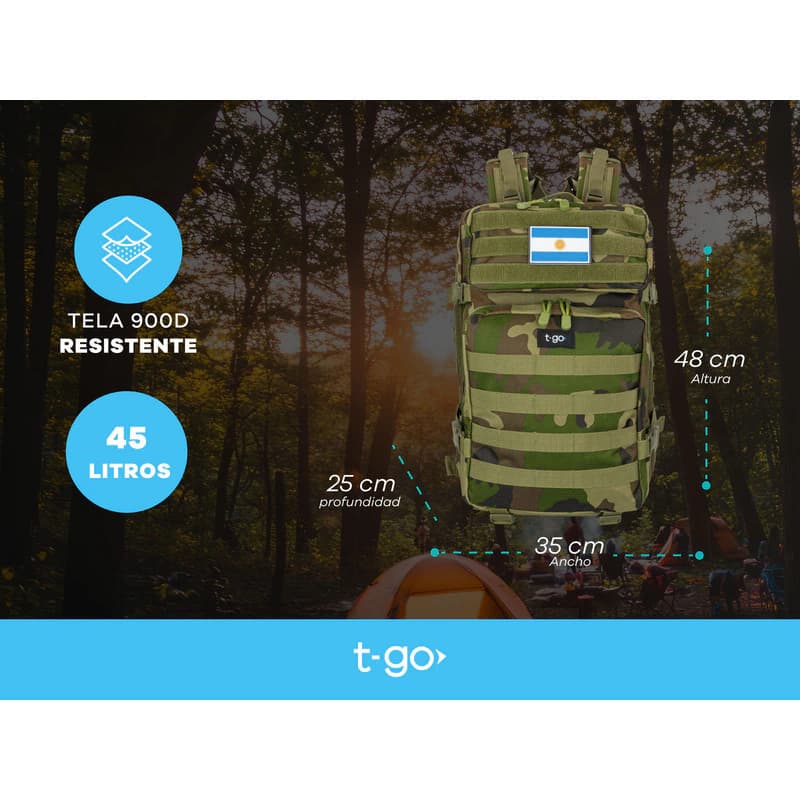 Mochila T-GO Táctica 45 L - Tu compañera ideal para cada aventura Eb336 — Verde Camuflado / Liso