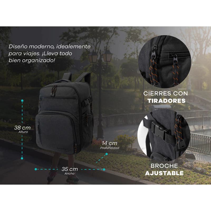 Mochila de Viaje con Compartimento para Notebook Bagcherry 18 L Negro | 6 Bolsillos