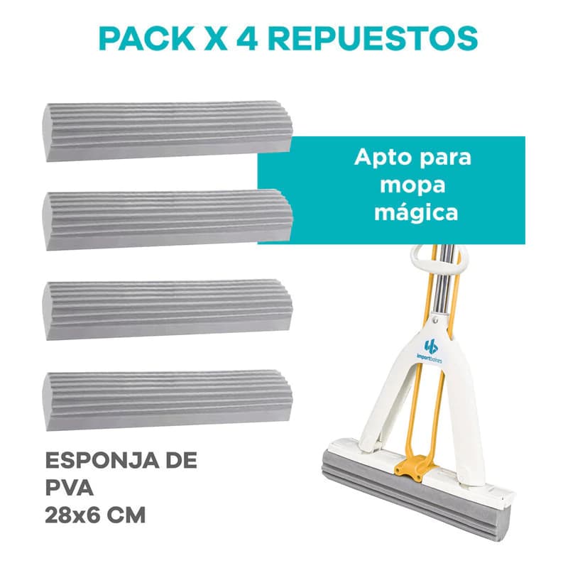 Repuesto Mopa Mágica x4 Esponja PVA Alta Densidad Lavable 28cm — Trapeador