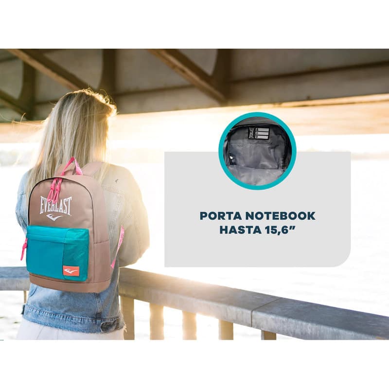 Mochila Everlast Portanotebook 15.6" Urbana Reforzada Poliéster 20L — Caqui 22257 / Liso