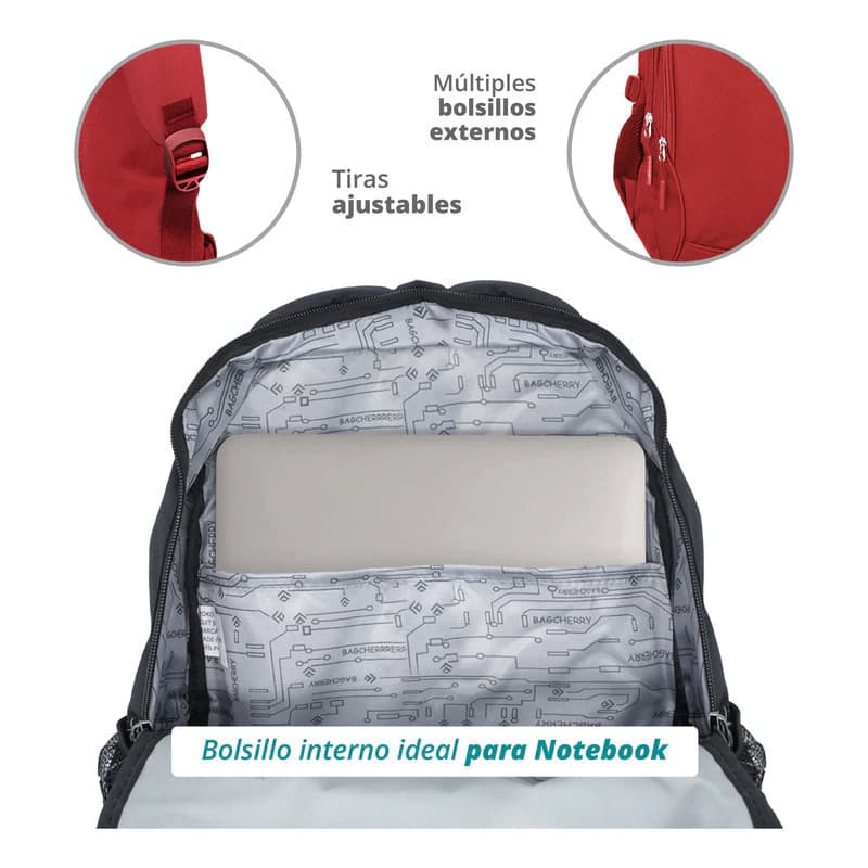 Mochila Urbana Escolar Porta Notebook 15" Bagcherry — Liviana y Resistente — Rojo / Liso