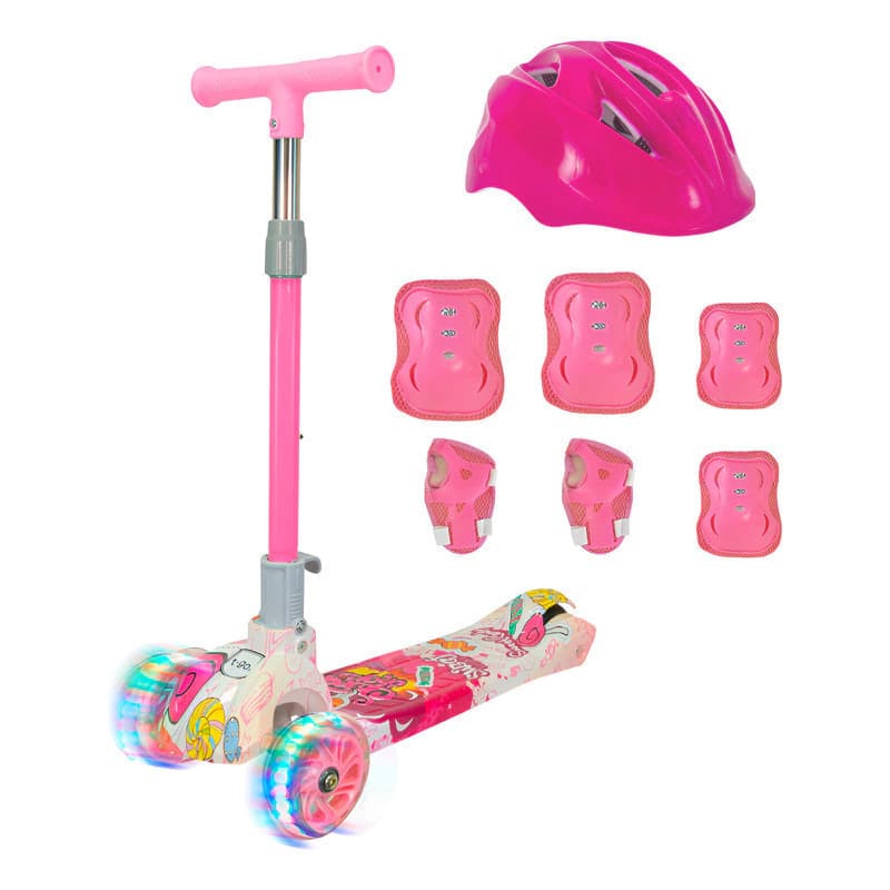 Monopatín 3 Ruedas T-Go SCO018 + Casco y Protecciones Niños — Plegable con Luces LED — Rosa