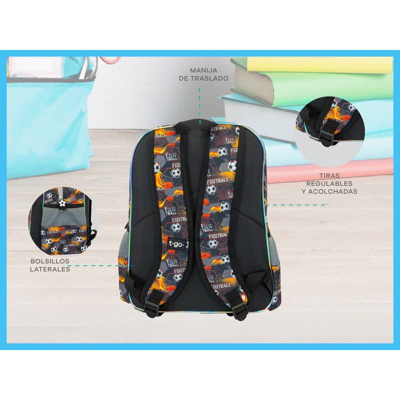 Kit Escolar Jardín Mochila + Lunchera Térmica T-Go | Talle Inicial, Espalda Acolchada — Negro / Fútbol
