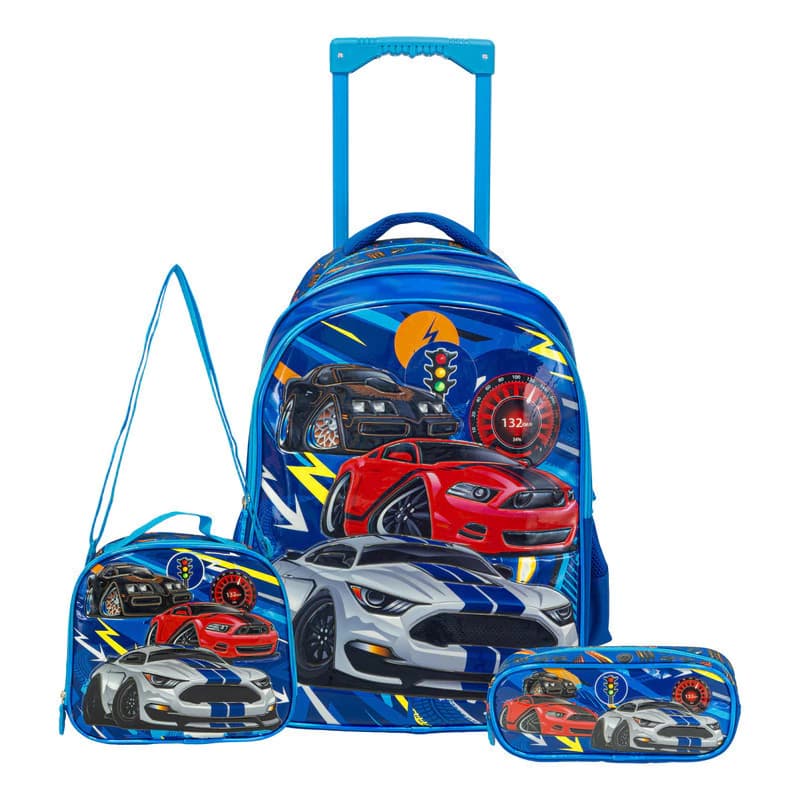 Set Mochila Carrito + Lunchera + Cartuchera Escolar — Azul Autos / Liso