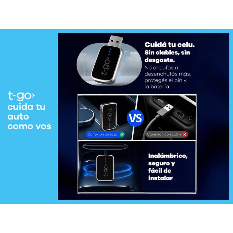Adaptador Inalámbrico CarPlay y Android Auto T-Go USB-A/USB-C Plug & Play