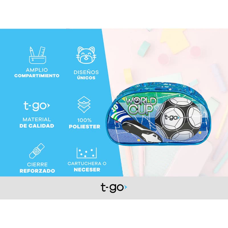 Cartuchera Escolar Fútbol Botín T-Go QD5 Celeste | Resistente Poliéster