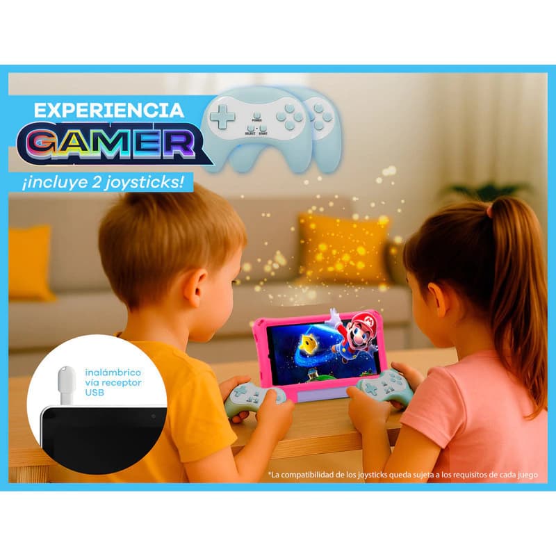 Tablet T-GO Kids 8" Android 14 con 2 Joysticks, 4GB RAM, 64GB, Realidad Aumentada y Funda Antigolpes - Rosa,