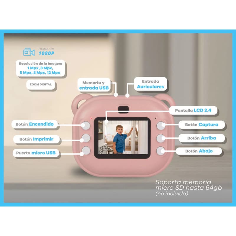Cámara Mini Impresora Térmica Portátil 1080p Video Niños — Lila