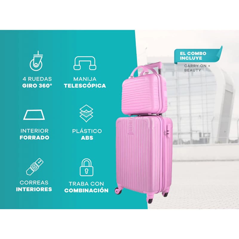 Set Valija Carry On Cabina Con Ruedas + Mini Valija Neceser — Gris