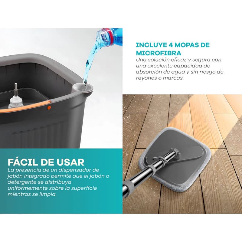 Mopa Plana 360° Para Piso Con Balde Escurridor Y 4 Repuestos