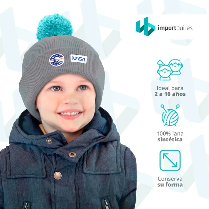 Set Gorro con Pompón + Guantes Niños N.A.S.A — Acrílico abrigado 2 a 10 años — Azul oscuro