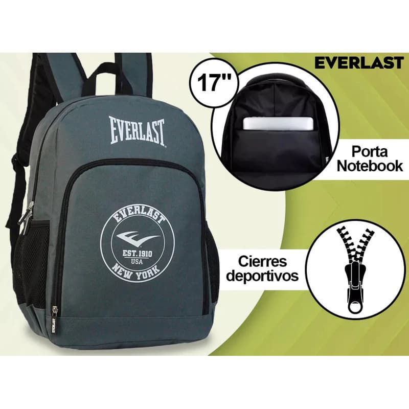 Mochila Urbana Escolar Everlast 19L con Porta Notebook | 43cm — Negro / Lisa