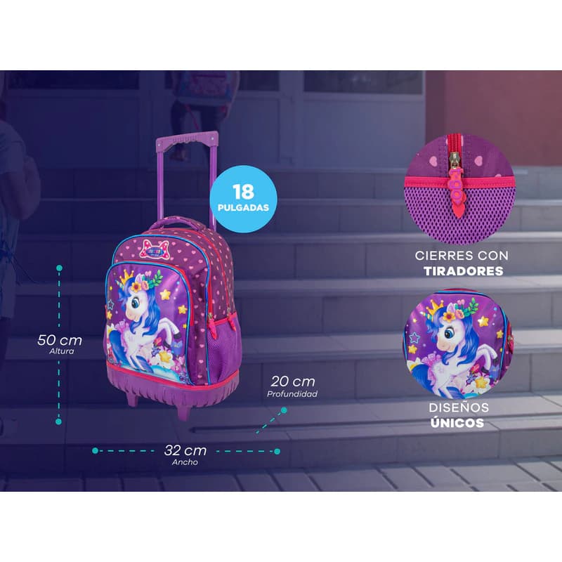 Mochila Carrito Escolar 18" + Cartuchera T-Go | Kit Primaria con Luces LED