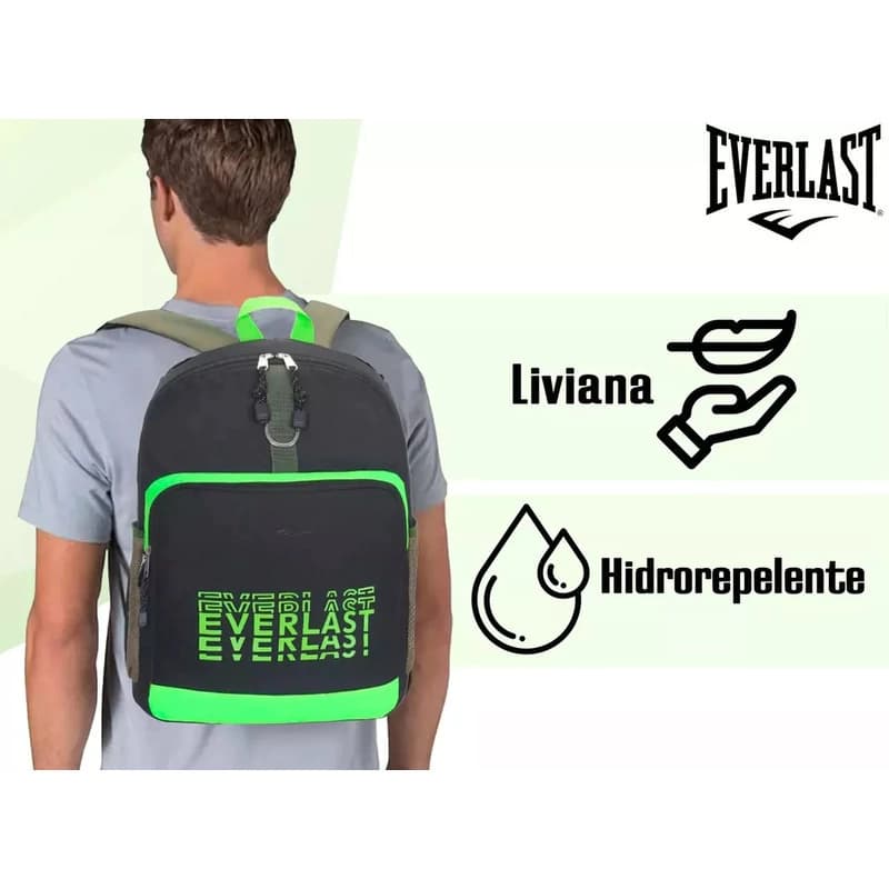 Mochila Everlast Urbana Escolar con Porta Notebook 15.6" — Tela Anti Desgarre — Negro 16271 / Liso