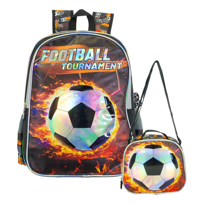 Kit Escolar Jardín Mochila + Lunchera Térmica T-Go | Talle Inicial, Espalda Acolchada — Negro / Fútbol
