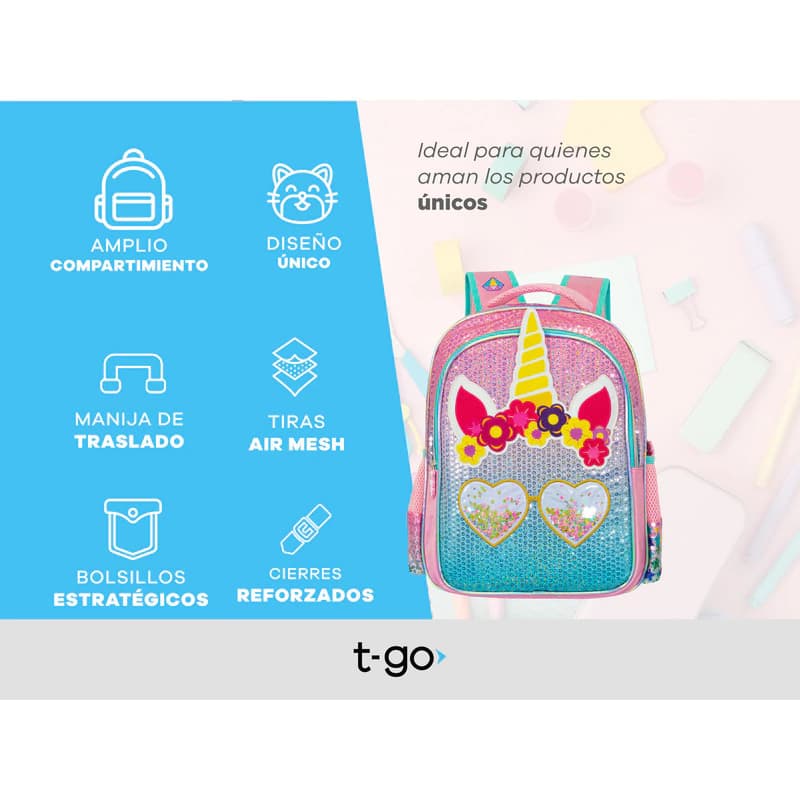 Mochila Escolar T-Go Unicornios diseños divertidos, 16 L, tiras Air Mesh — Rosa