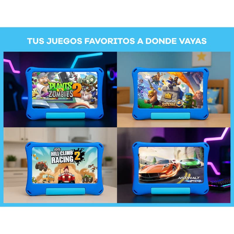 Tablet T-GO Kids 8" Android 14 con 2 Joysticks, 4GB RAM, 64GB, Realidad Aumentada y Funda Antigolpes - AZUL