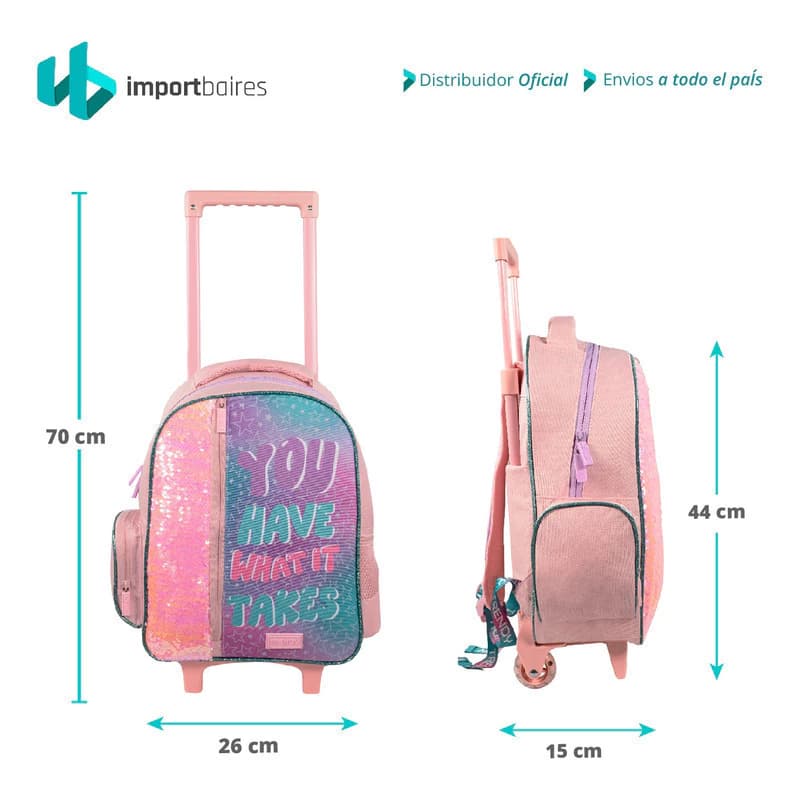 Mochila Escolar con Carrito 3D 15" Trendy | Ruedas Silicona Jardín y Primaria — Rosa / Lentejuelas
